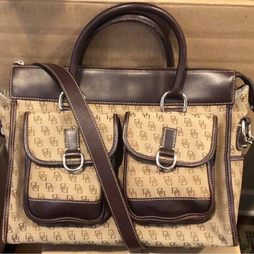 DOONEY BOURKE Signature Logo Canvas & Brown Leather Briefcase Messenger Bag